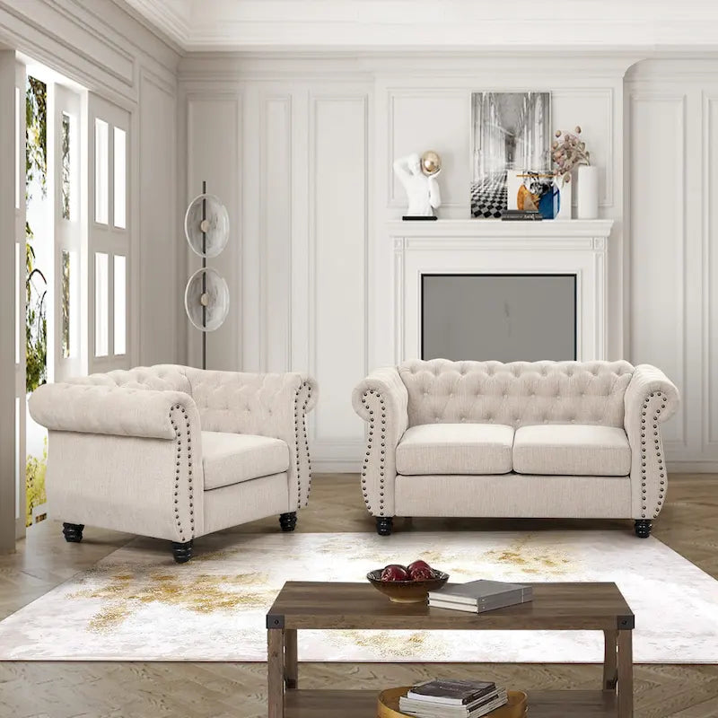 Fauteuil, Causeuse – Ensemble 2 pièces Rembourré Capitonnage Chesterfield