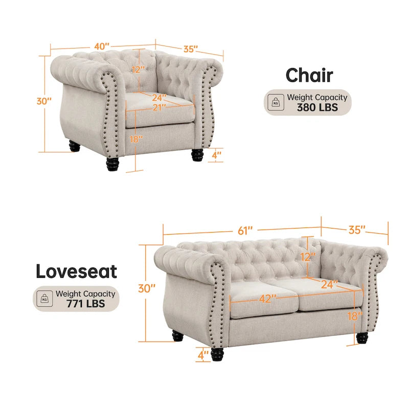 Fauteuil, Causeuse – Ensemble 2 pièces Rembourré Capitonnage Chesterfield