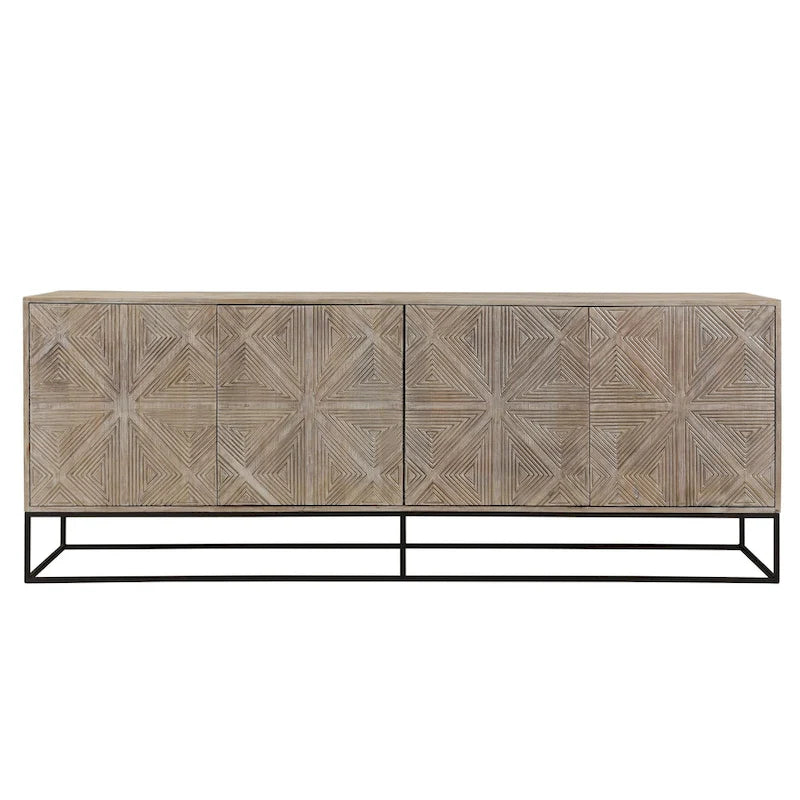 Zion 84 Mango Wood Carved 4-Door Sideboard with Iron Base