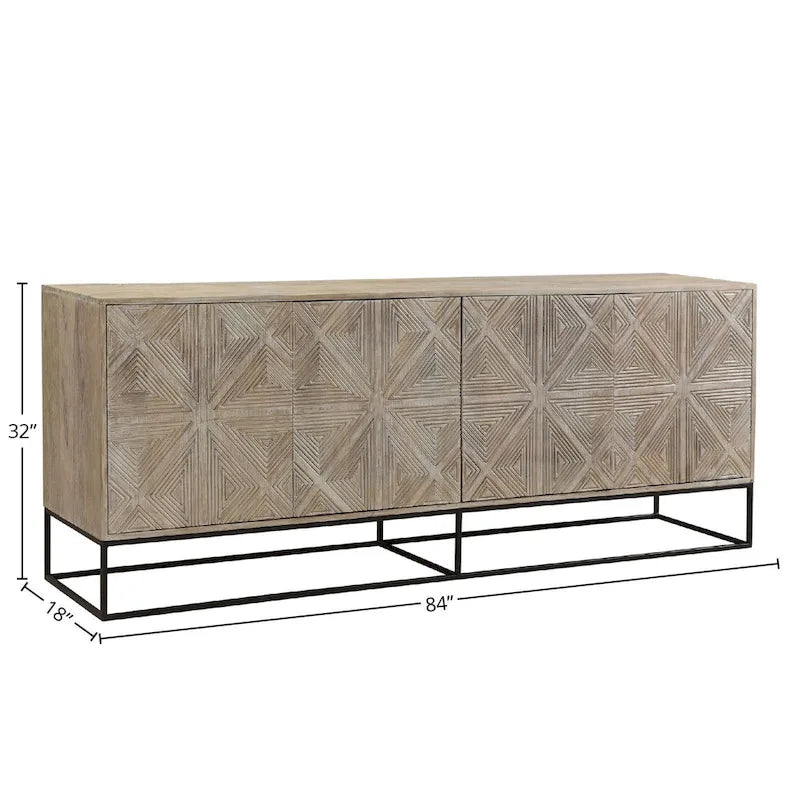 Buffet Zion 84 en bois de manguier sculpté 4 portes avec piètement en fer