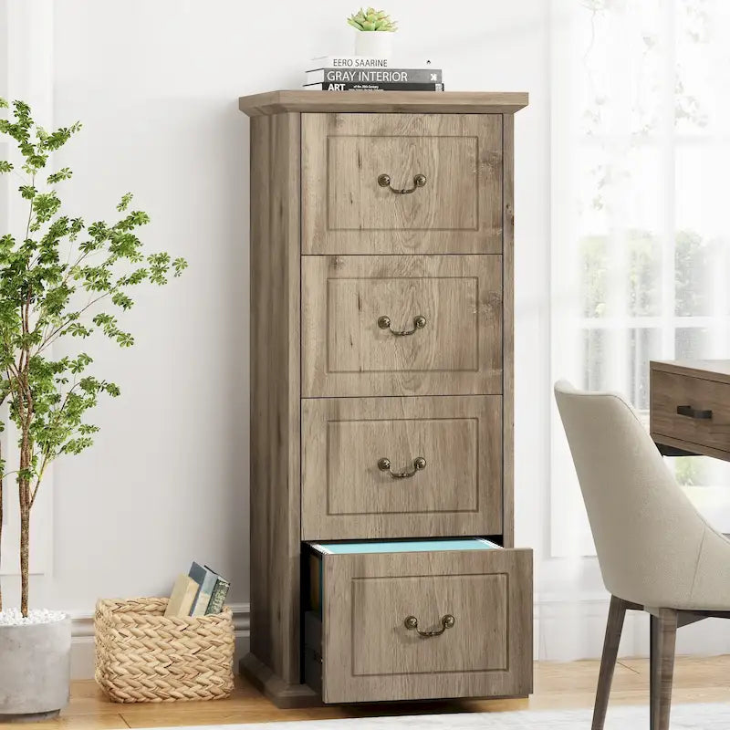 Classeur vertical en bois à 4 tiroirs avec tringle de suspension amovible pour format A4/Lettre