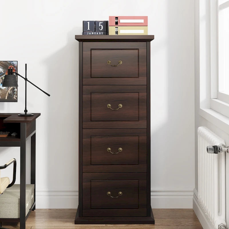 Classeur vertical en bois à 4 tiroirs avec tringle de suspension amovible pour format A4/Lettre