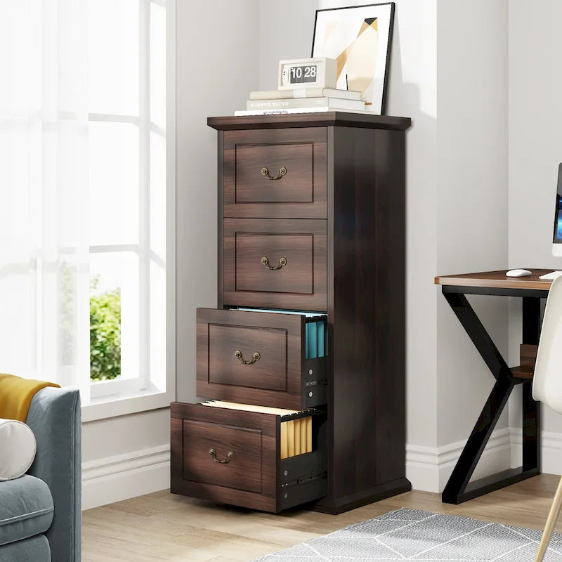 Classeur vertical en bois à 4 tiroirs avec tringle de suspension amovible pour format A4/Lettre