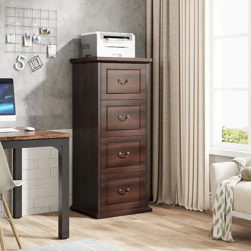 Classeur vertical en bois à 4 tiroirs avec tringle de suspension amovible pour format A4/Lettre