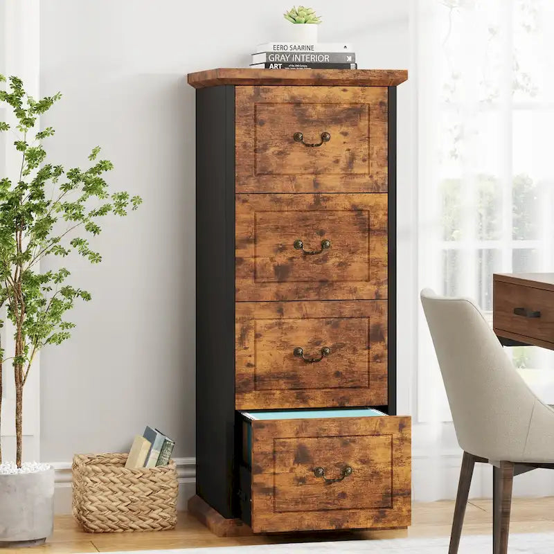 Classeur vertical en bois à 4 tiroirs avec tringle de suspension amovible pour format A4/Lettre