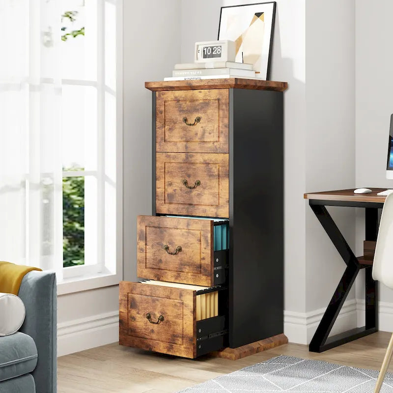 Classeur vertical en bois à 4 tiroirs avec tringle de suspension amovible pour format A4/Lettre