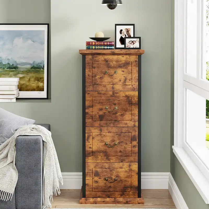 Classeur vertical en bois à 4 tiroirs avec tringle de suspension amovible pour format A4/Lettre