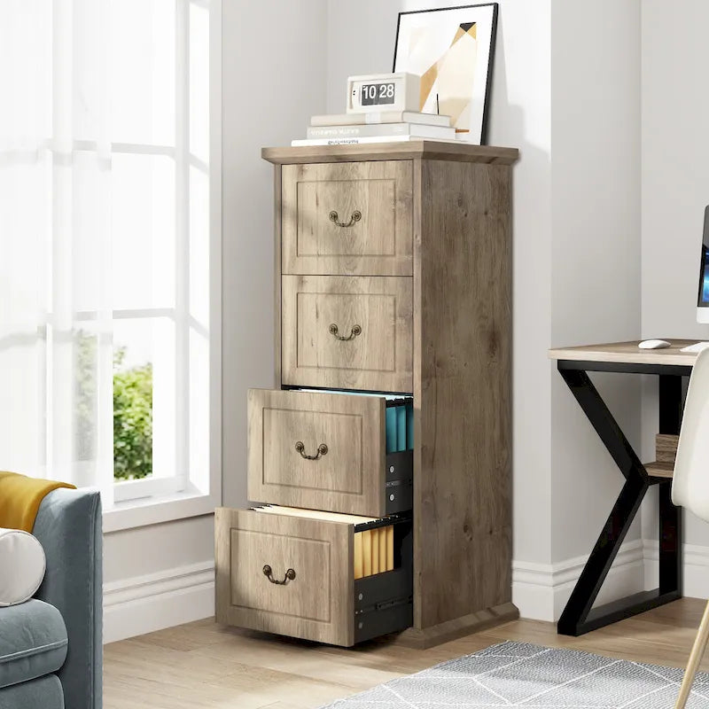Classeur vertical en bois à 4 tiroirs avec tringle de suspension amovible pour format A4/Lettre