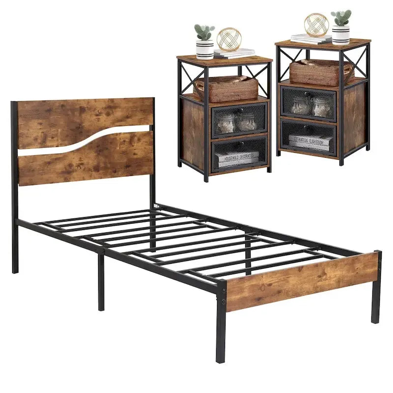 Ensemble de chambre à coucher 3 pièces, lit plateforme et ensemble de 2 tables de chevet modernes