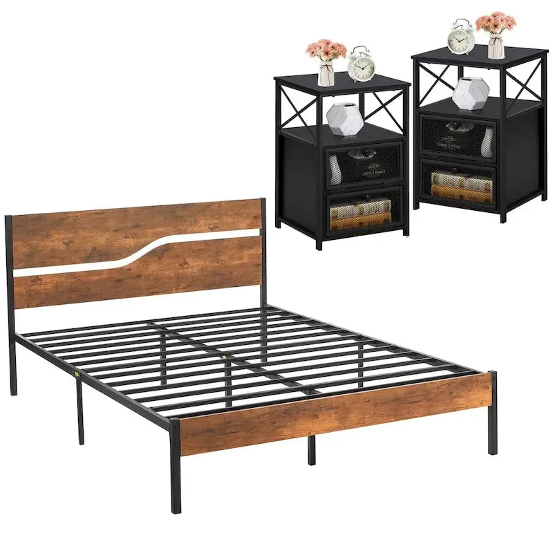 Ensemble de chambre à coucher 3 pièces, lit plateforme et ensemble de 2 tables de chevet modernes