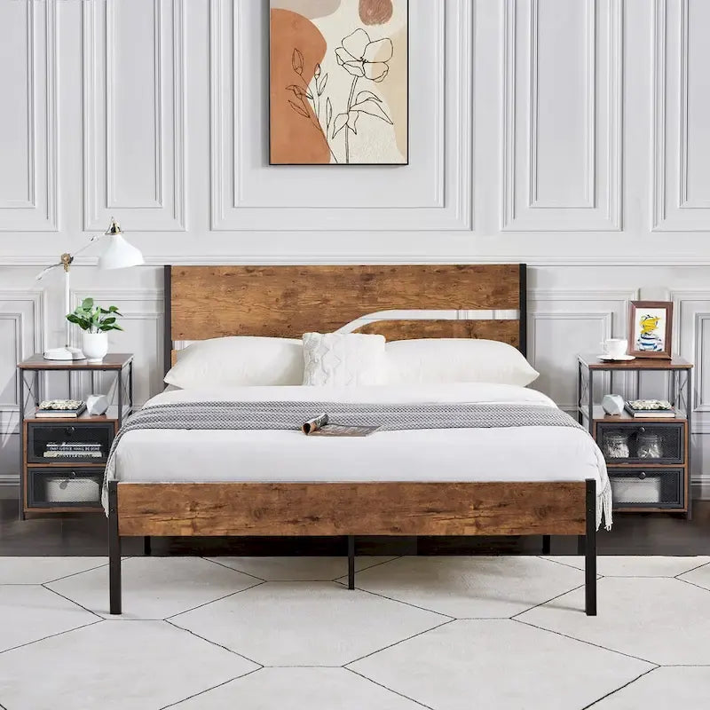 Bedroom Set of 3,Platform Bed Frame and Modern Nightstands Set of 2