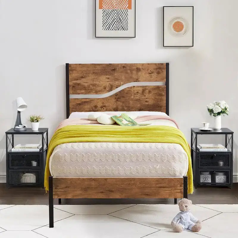 Ensemble de chambre à coucher 3 pièces, lit plateforme et ensemble de 2 tables de chevet modernes