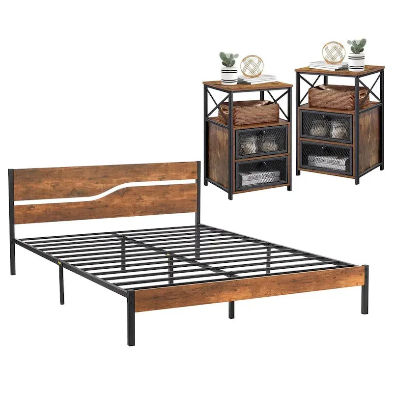 Ensemble de chambre à coucher 3 pièces, lit plateforme et ensemble de 2 tables de chevet modernes