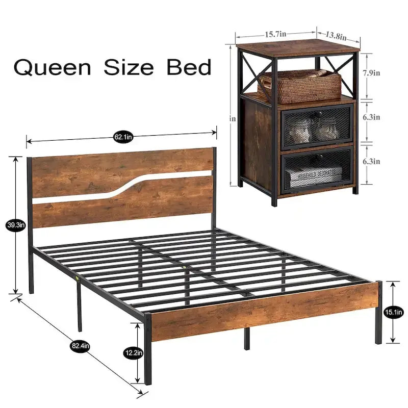 Ensemble de chambre à coucher 3 pièces, lit plateforme et ensemble de 2 tables de chevet modernes