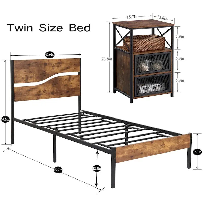 Ensemble de chambre à coucher 3 pièces, lit plateforme et ensemble de 2 tables de chevet modernes