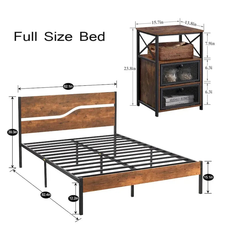 Ensemble de chambre à coucher 3 pièces, lit plateforme et ensemble de 2 tables de chevet modernes