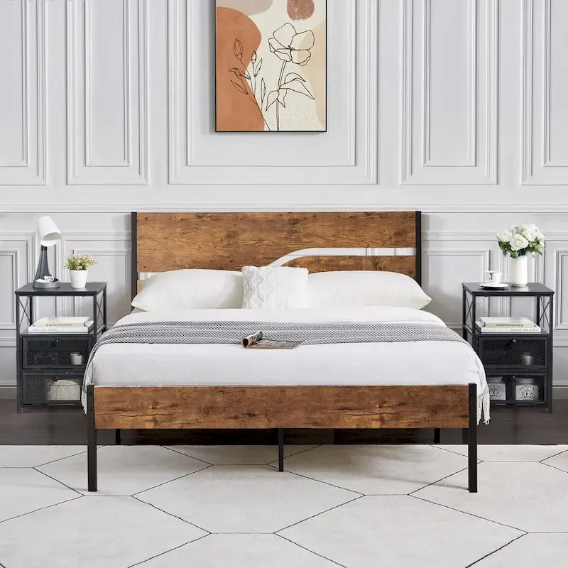Ensemble de chambre à coucher 3 pièces, lit plateforme et ensemble de 2 tables de chevet modernes