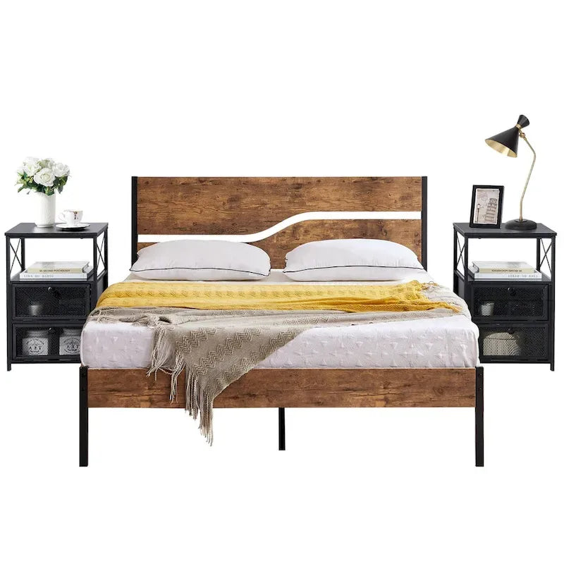Ensemble de chambre à coucher 3 pièces, lit plateforme et ensemble de 2 tables de chevet modernes