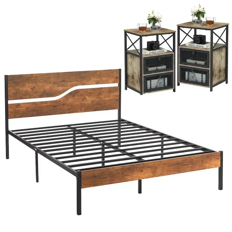 Ensemble de chambre à coucher 3 pièces, lit plateforme et ensemble de 2 tables de chevet modernes