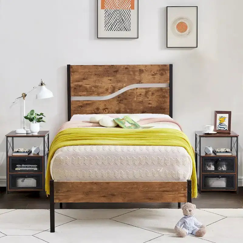 Ensemble de chambre à coucher 3 pièces, lit plateforme et ensemble de 2 tables de chevet modernes