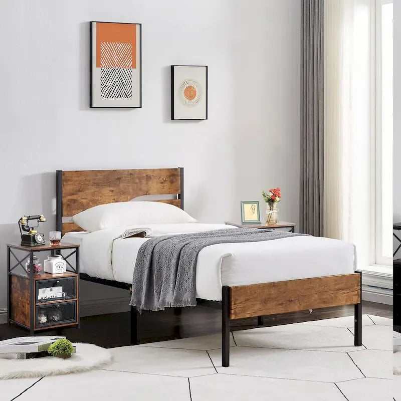 Ensemble de chambre à coucher 3 pièces, lit plateforme et ensemble de 2 tables de chevet modernes