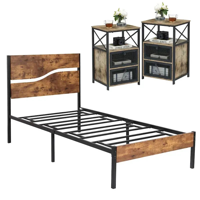 Ensemble de chambre à coucher 3 pièces, lit plateforme et ensemble de 2 tables de chevet modernes