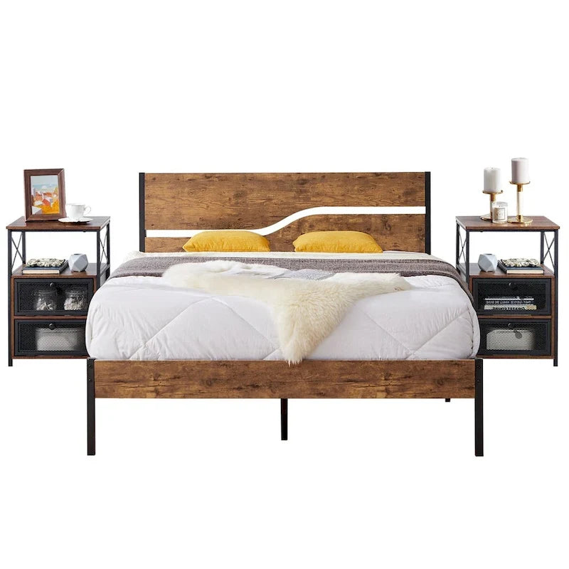Ensemble de chambre à coucher 3 pièces, lit plateforme et ensemble de 2 tables de chevet modernes