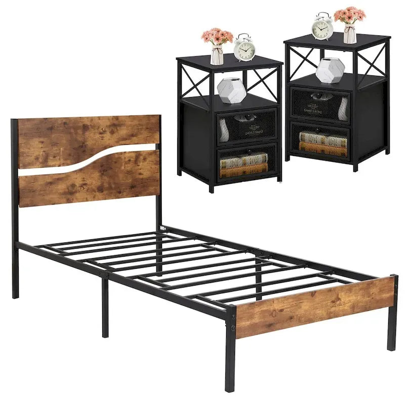 Ensemble de chambre à coucher 3 pièces, lit plateforme et ensemble de 2 tables de chevet modernes