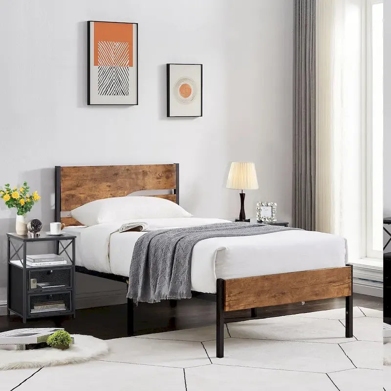 Ensemble de chambre à coucher 3 pièces, lit plateforme et ensemble de 2 tables de chevet modernes