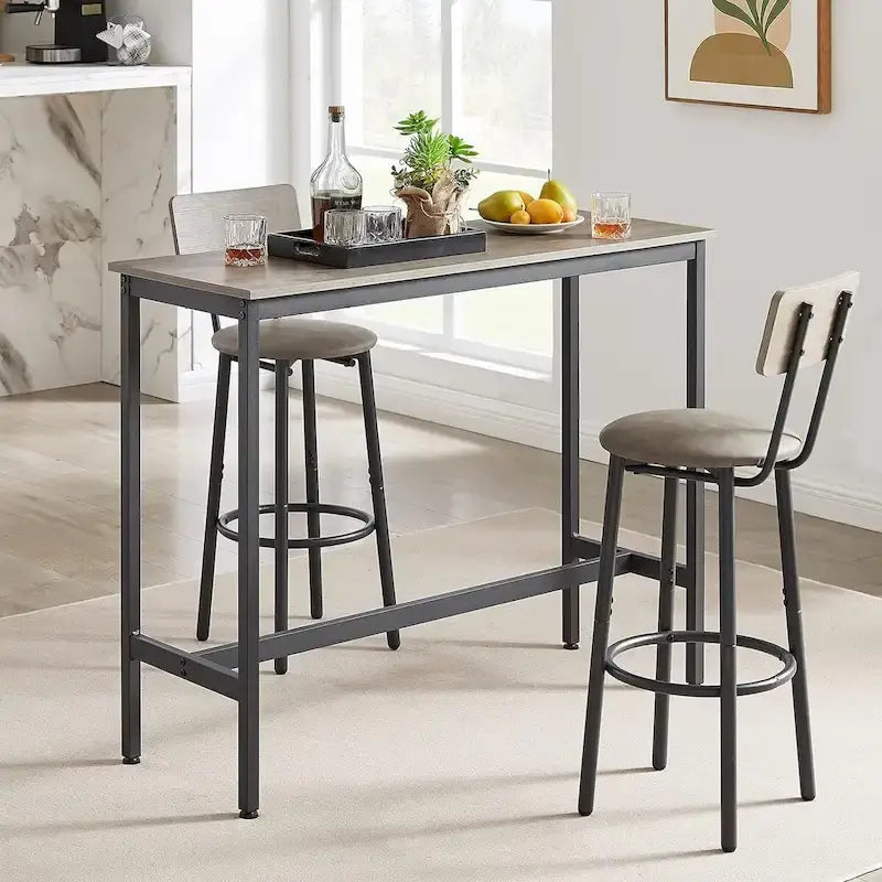 Ensemble table de bar et 2 chaises 3 pièces, tabourets de bar de style industriel avec assise en PU et dossier