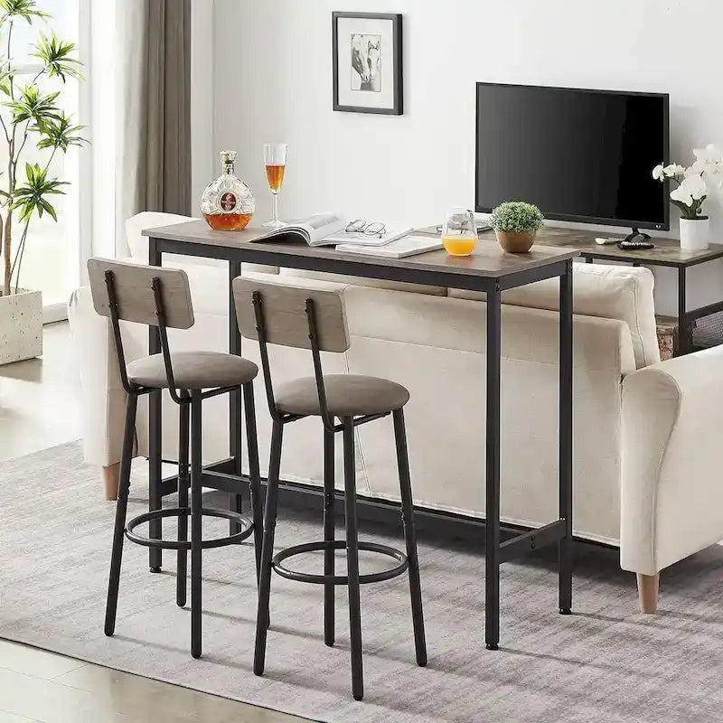 Ensemble table de bar et 2 chaises 3 pièces, tabourets de bar de style industriel avec assise en PU et dossier