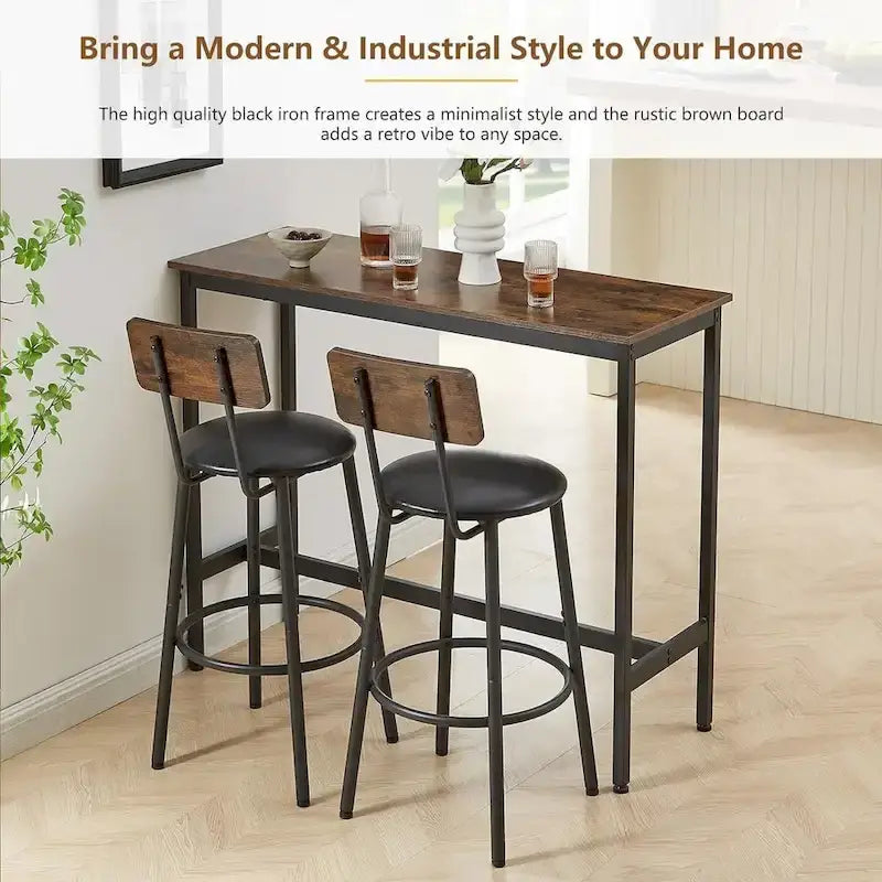 Ensemble table de bar et 2 chaises 3 pièces, tabourets de bar de style industriel avec assise en PU et dossier