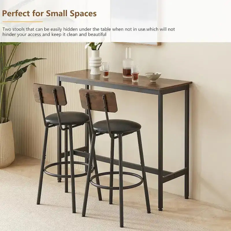 Ensemble table de bar et 2 chaises 3 pièces, tabourets de bar de style industriel avec assise en PU et dossier
