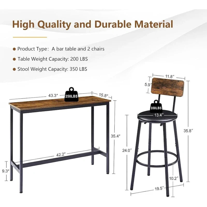 Ensemble table de bar et 2 chaises 3 pièces, tabourets de bar de style industriel avec assise en PU et dossier