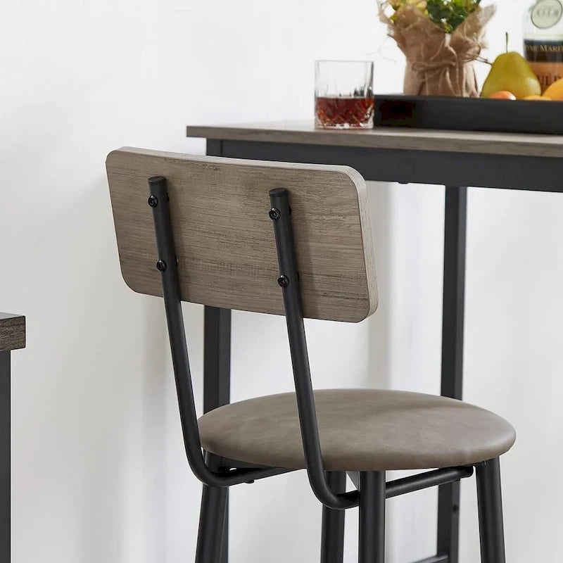 Ensemble table de bar et 2 chaises 3 pièces, tabourets de bar de style industriel avec assise en PU et dossier