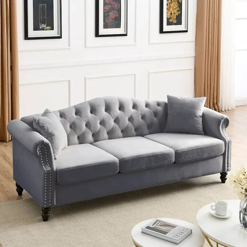 Canapé Chesterfield en velours 79 places pour salon, canapé capitonné avec accoudoirs roulés et têtes de clou, deux oreillers