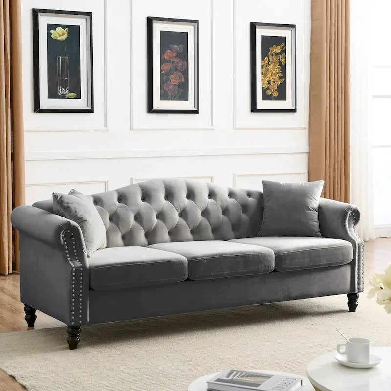 Canapé Chesterfield en velours 79 places pour salon, canapé capitonné avec accoudoirs roulés et têtes de clou, deux oreillers