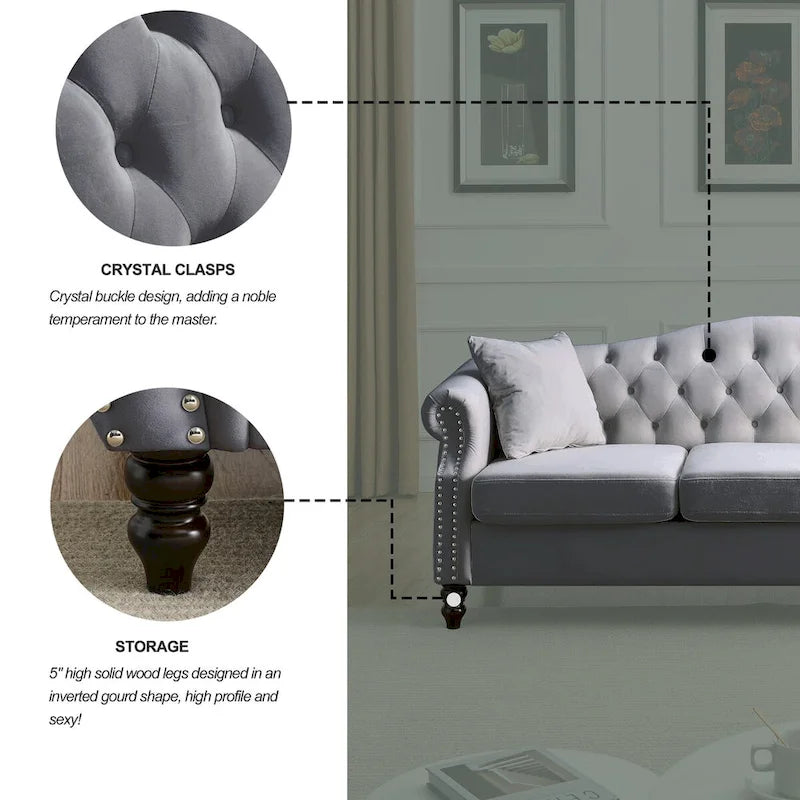 Canapé Chesterfield en velours 79 places pour salon, canapé capitonné avec accoudoirs roulés et têtes de clou, deux oreillers
