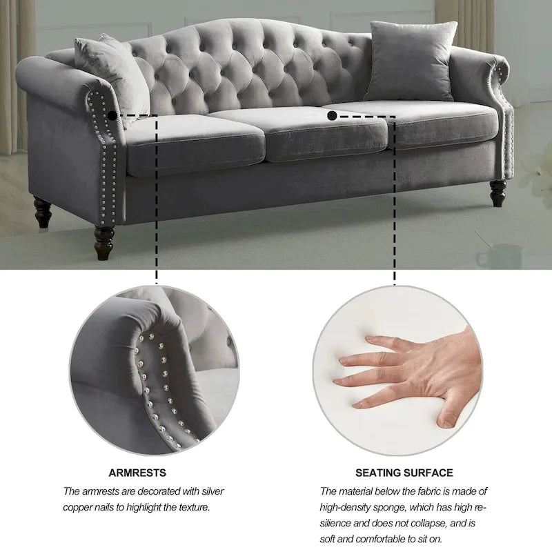Canapé Chesterfield en velours 79 places pour salon, canapé capitonné avec accoudoirs roulés et têtes de clou, deux oreillers