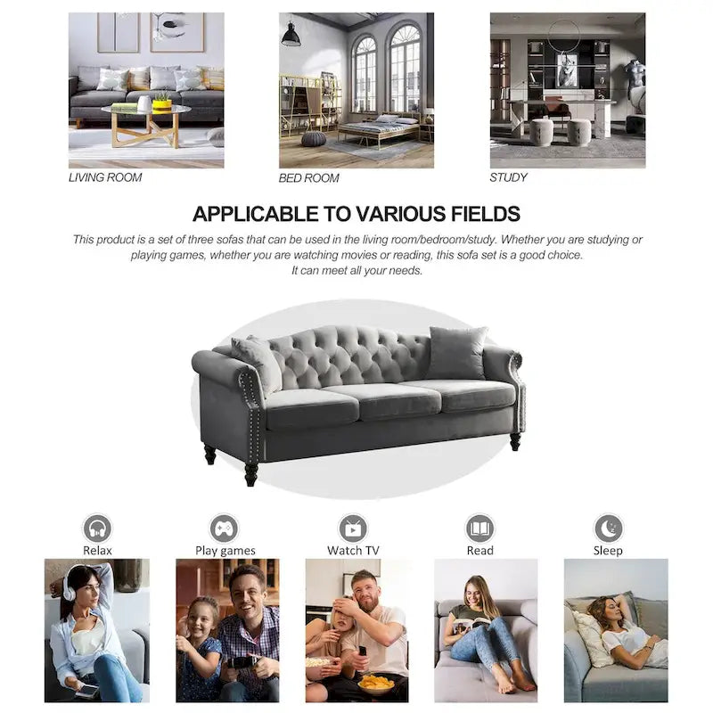 Canapé Chesterfield en velours 79 places pour salon, canapé capitonné avec accoudoirs roulés et têtes de clou, deux oreillers