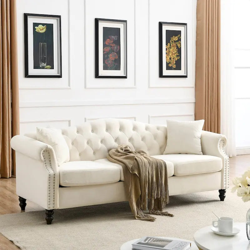 Canapé Chesterfield en velours 79 places pour salon, canapé capitonné avec accoudoirs roulés et têtes de clou, deux oreillers