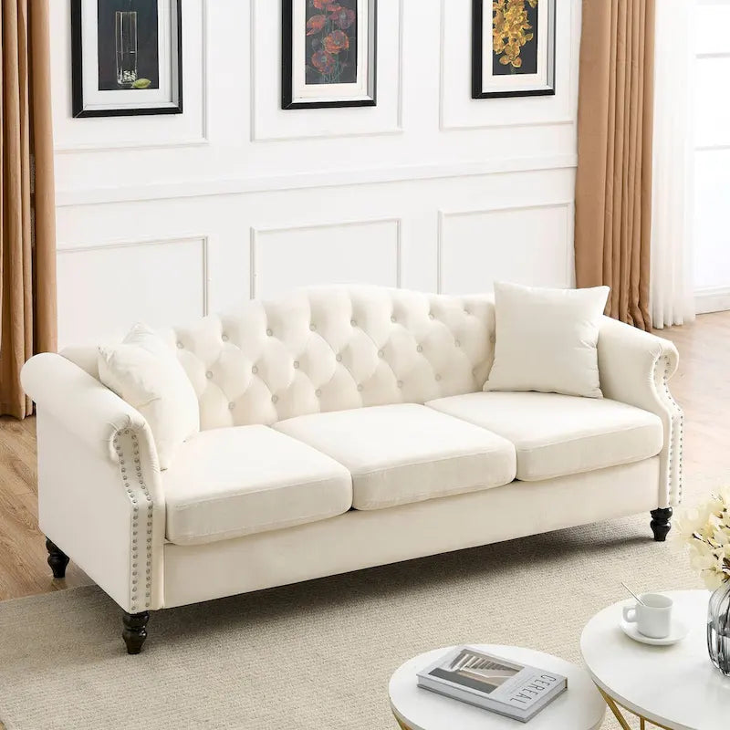 Canapé Chesterfield en velours 79 places pour salon, canapé capitonné avec accoudoirs roulés et têtes de clou, deux oreillers