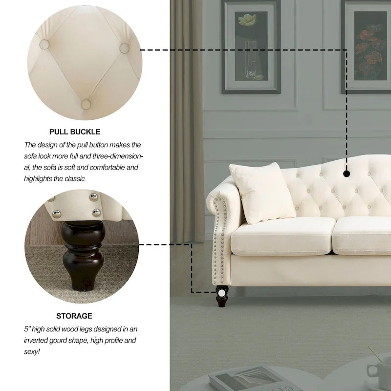 Canapé Chesterfield en velours 79 places pour salon, canapé capitonné avec accoudoirs roulés et têtes de clou, deux oreillers