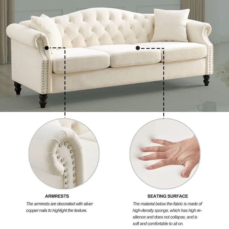 Canapé Chesterfield en velours 79 places pour salon, canapé capitonné avec accoudoirs roulés et têtes de clou, deux oreillers