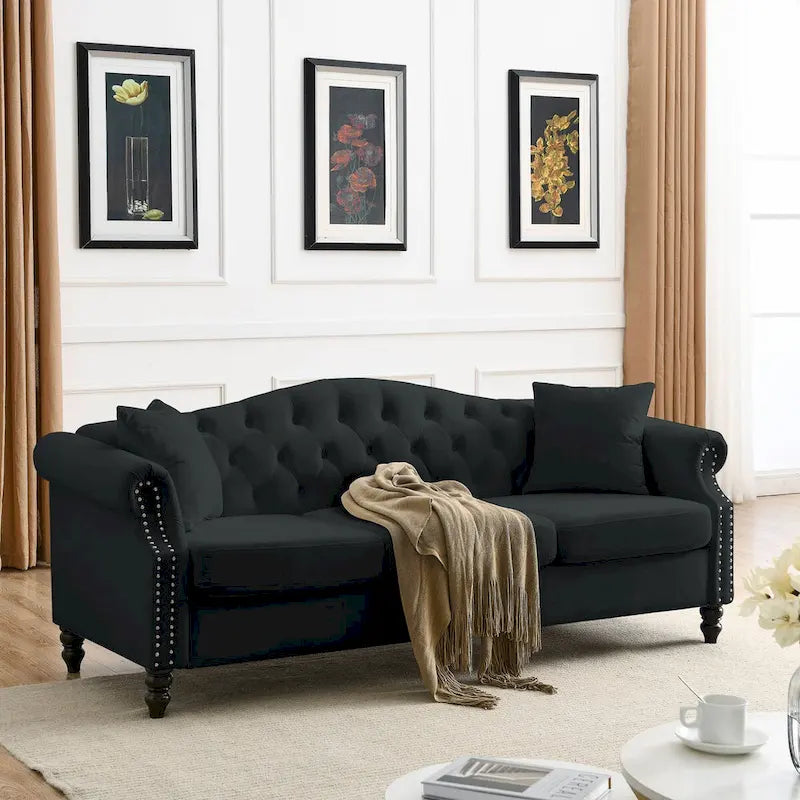 Canapé Chesterfield en velours 79 places pour salon, canapé capitonné avec accoudoirs roulés et têtes de clou, deux oreillers