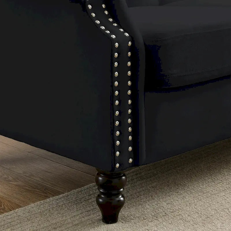 Canapé Chesterfield en velours 79 places pour salon, canapé capitonné avec accoudoirs roulés et têtes de clou, deux oreillers