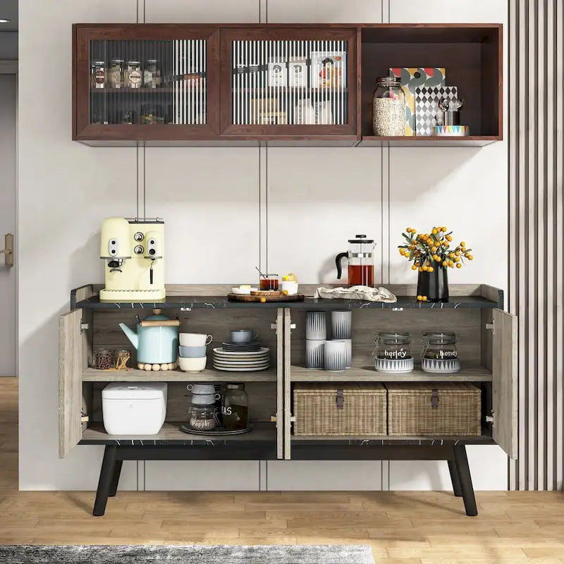 Buffet de cuisine de 140 cm, vaisselier, table d'appoint, bar à café avec rangement et portes pour salle à manger, salon, entrée