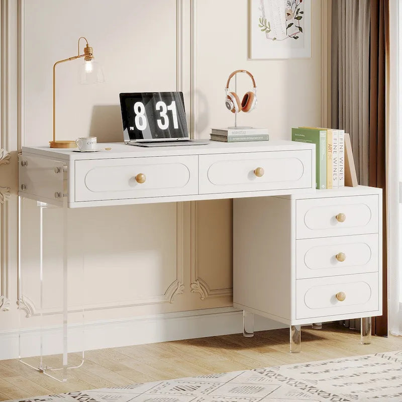 Bureau informatique blanc à 5 tiroirs avec piètement en acrylique pour bureau à domicile