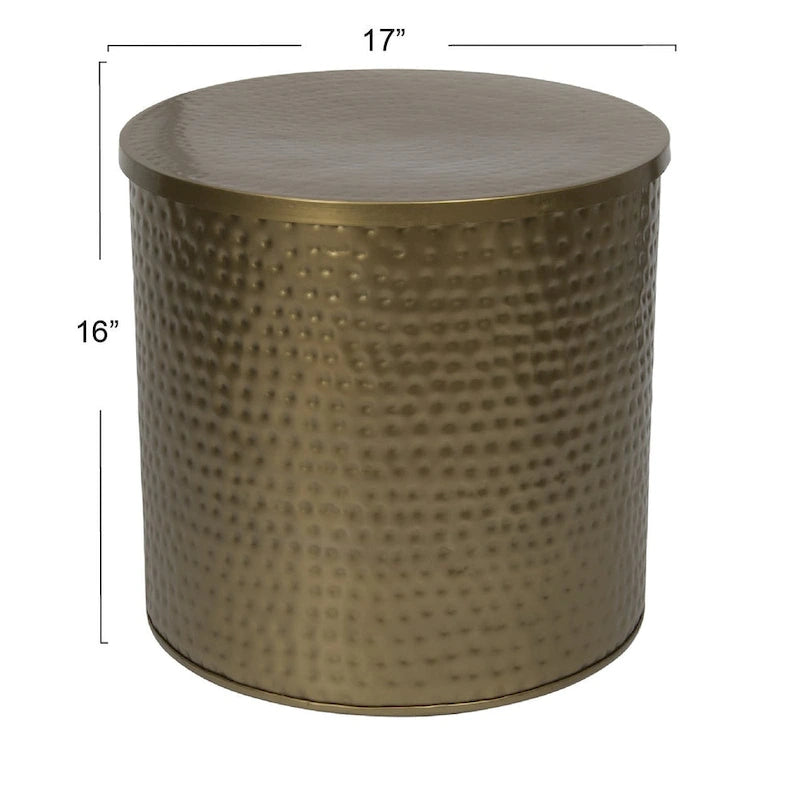 Table d'appoint-tambour martelée en laiton avec couvercle