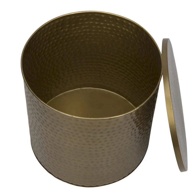 Table d'appoint-tambour martelée en laiton avec couvercle